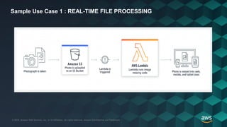 © 2018, Amazon Web Services, Inc. or its Affiliates. All rights reserved. Amazon Confidential and Trademark© 2018, Amazon Web Services, Inc. or its Affiliates. All rights reserved. Amazon Confidential and Trademark
Sample Use Case 1 : REAL-TIME FILE PROCESSING
 