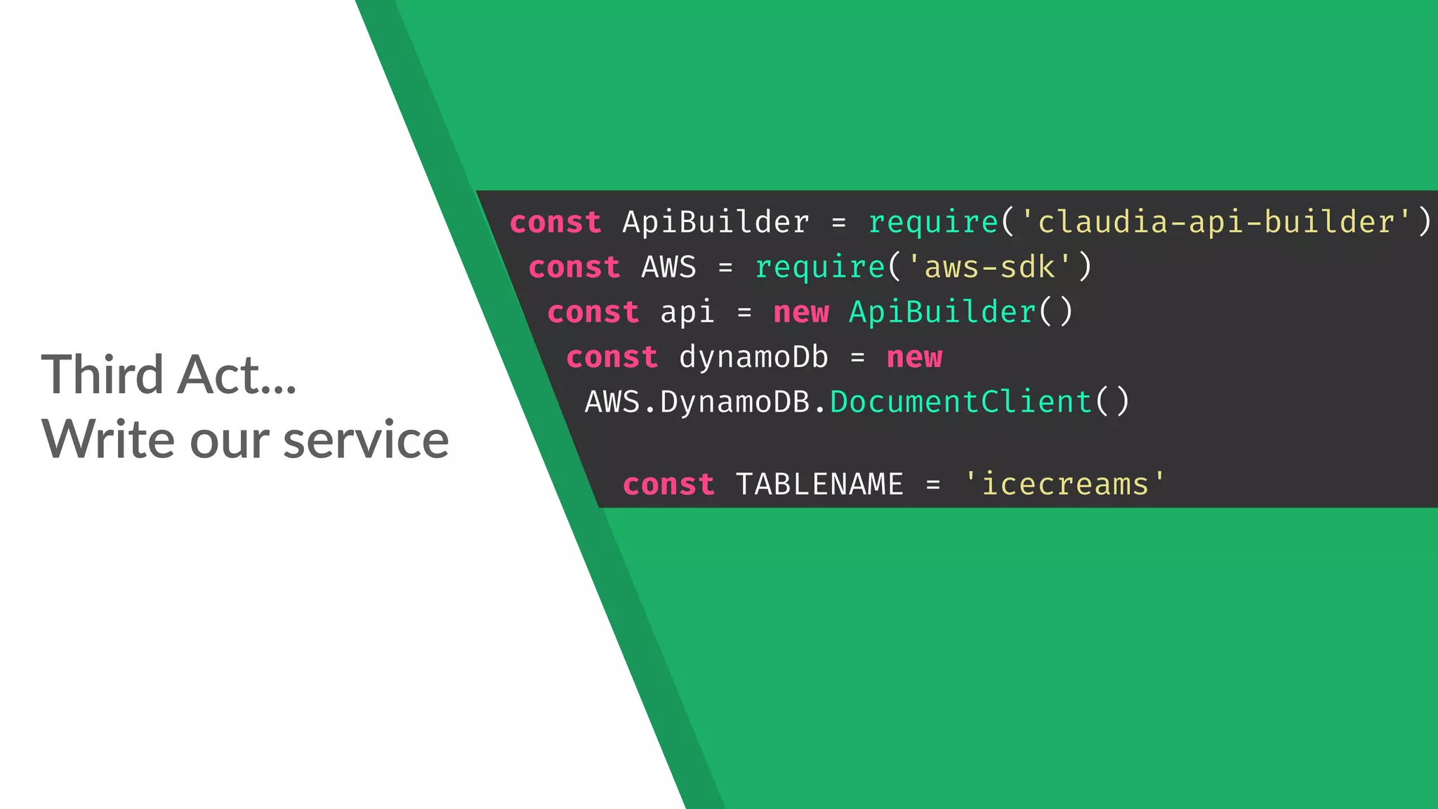 Third Act... 
Write our service
const ApiBuilder = require('claudia-api-builder')
const AWS = require('aws-sdk')
const api = new ApiBuilder()
const dynamoDb = new
AWS.DynamoDB.DocumentClient()
const TABLENAME = 'icecreams'
 