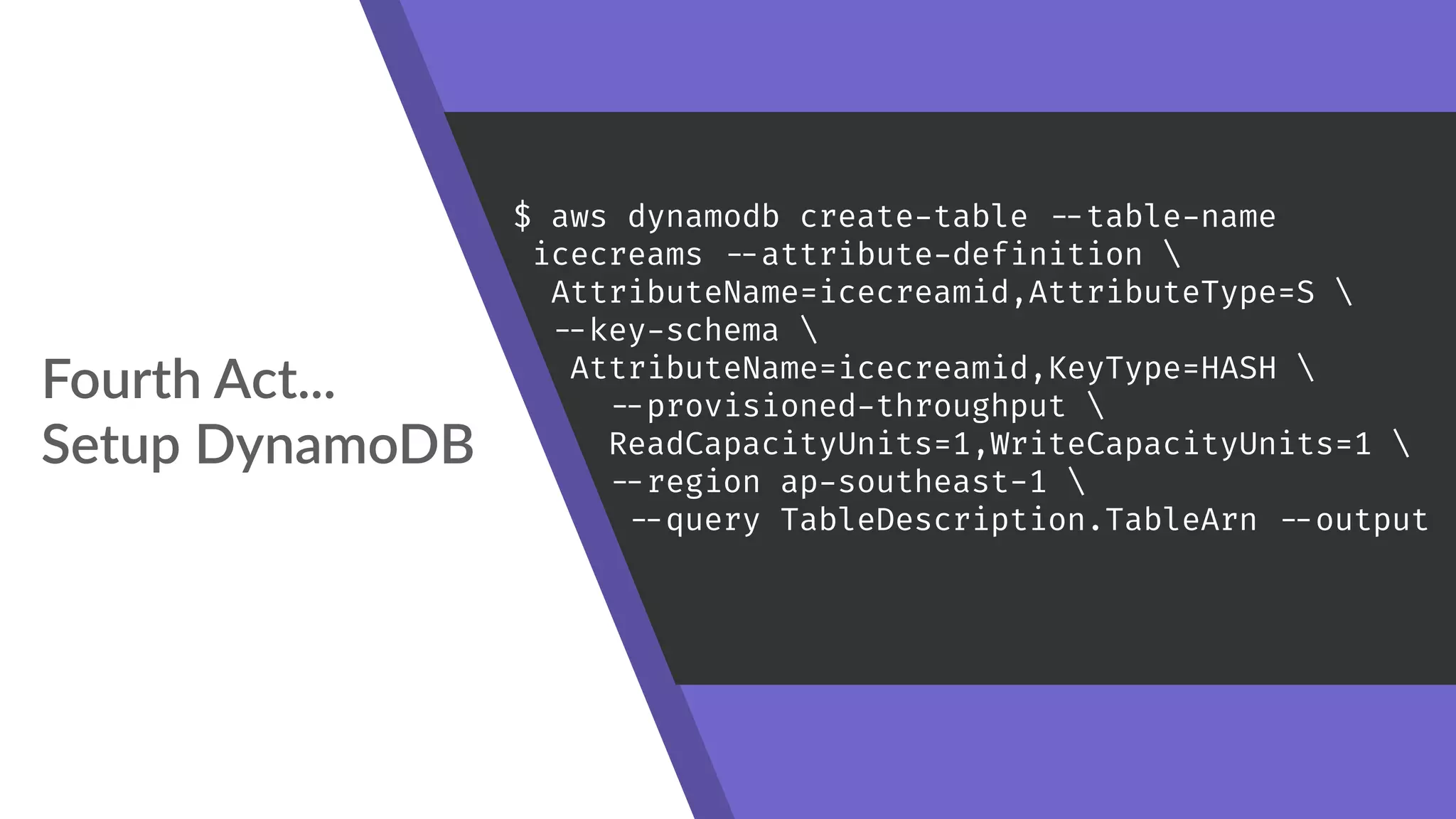 Fourth Act... 
Setup DynamoDB
$ aws dynamodb create-table 
--table-name
icecreams 
--attribute-definition 
AttributeName=icecreamid,AttributeType=S 

--key-schema 
AttributeName=icecreamid,KeyType=HASH 

--provisioned-throughput 
ReadCapacityUnits=1,WriteCapacityUnits=1 

--region ap-southeast-1 

--query TableDescription.TableArn 
--output
text
 