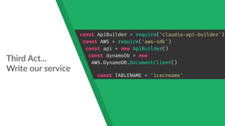 Third Act... 
Write our service
const ApiBuilder = require('claudia-api-builder')
const AWS = require('aws-sdk')
const api = new ApiBuilder()
const dynamoDb = new
AWS.DynamoDB.DocumentClient()
const TABLENAME = 'icecreams'
 