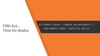Fi"h Act... 
Time for deploy
$ claudia create 
--region ap-southeast-1 

--api-module index 
--policies policy
 