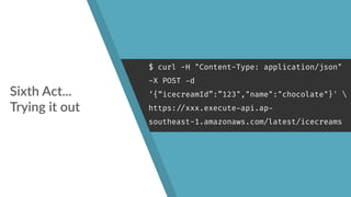 $ curl -H "Content-Type: application/json"
-X POST -d
‘{“icecreamId”:”123","name":"chocolate"}' 
https:
//xxx.execute-api.ap-
southeast-1.amazonaws.com/latest/icecreams
Sixth Act... 
Trying it out
 