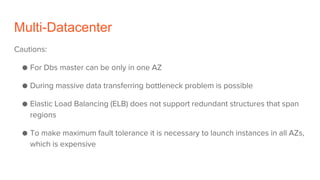 Multi-Datacenter
Cautions:
● For Dbs master can be only in one AZ
● During massive data transferring bottleneck problem is possible
● Elastic Load Balancing (ELB) does not support redundant structures that span
regions
● To make maximum fault tolerance it is necessary to launch instances in all AZs,
which is expensive
 