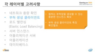 © 2016, Amazon Web Services, Inc. or its Affiliates. All rights reserved.
각 레이어별 고려사항
• 네트워크 용량 확인
• 부하 생성 클라이언트
• 로드 밸런싱
(Elastic Load Balancing)
• 서버 인스턴스
• 어플리케이션 서버
• 어플리케이션
• 데이터베이스
• 원하는 부하양을 생성할 수 있는
충분한 인스턴스 확보
• 부하 생성 클라이언트 특징
확인필요
 
