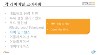 © 2016, Amazon Web Services, Inc. or its Affiliates. All rights reserved.
각 레이어별 고려사항
• 네트워크 용량 확인
• 부하 생성 클라이언트
• 로드 밸런싱
(Elastic Load Balancing)
• 서버 인스턴스
• 어플리케이션 서버
• 어플리케이션
• 데이터베이스
• 서버 성능 최적화
• Open Files Limit
 