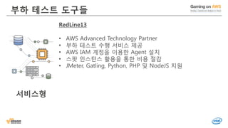 © 2016, Amazon Web Services, Inc. or its Affiliates. All rights reserved.
부하 테스트 도구들
RedLine13
• AWS Advanced Technology Partner
• 부하 테스트 수행 서비스 제공
• AWS IAM 계정을 이용한 Agent 설치
• 스팟 인스턴스 활용을 통한 비용 절감
• JMeter, Gatling, Python, PHP 및 NodeJS 지원
서비스형
 