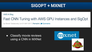 ● Classify movie reviews
using a CNN in MXNet
SIGOPT + MXNET
 