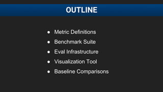 OUTLINE
● Metric Definitions
● Benchmark Suite
● Eval Infrastructure
● Visualization Tool
● Baseline Comparisons
 