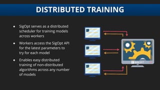 DISTRIBUTED TRAINING
● SigOpt serves as a distributed
scheduler for training models
across workers
● Workers access the Si...
