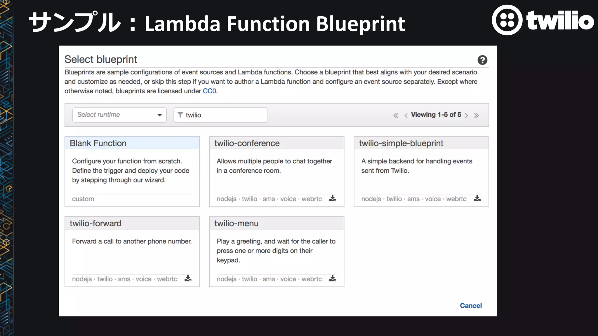 サンプル：Lambda	Function	Blueprint
 
