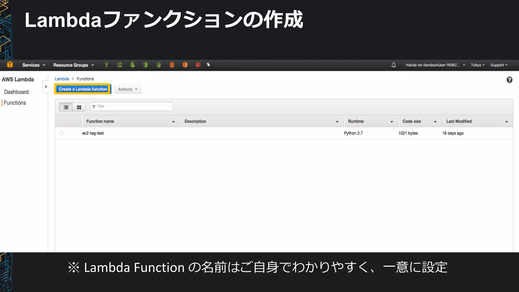 Lambdaファンクションの作成
※ Lambda	Function	の名前はご⾃⾝でわかりやすく、⼀意に設定
 