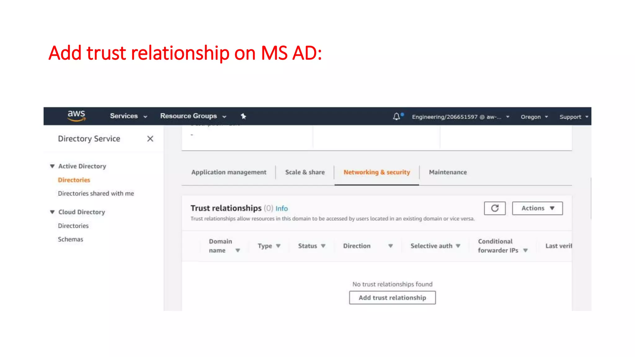 Add trust relationship on MS AD:
 