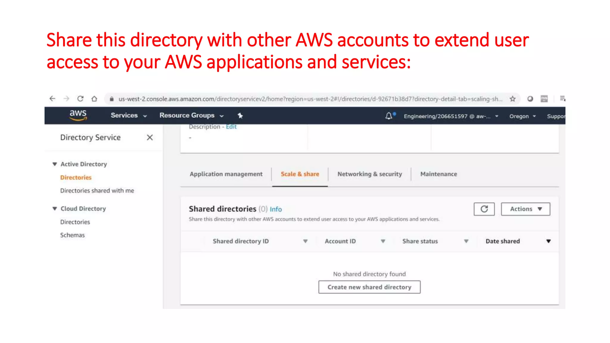 Share this directory with other AWS accounts to extend user
access to your AWS applications and services:
 