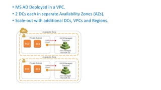 • MS AD Deployed in a VPC.
• 2 DCs each in separate Availability Zones (AZs).
• Scale-out with additional DCs, VPCs and Regions.
 