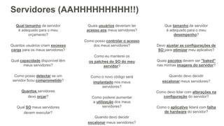 Servidores (AAHHHHHHHHH!!)
Qual tamanho de servidor
é adequado para o meu
orçamento?
Quantos usuários criam excesso
carga para os meus servidores?
Qual capacidade disponível têm
meus servidores?
Como posso detectar se um
servidor ficou comprometido?
Quantos servidores
devo orçar?
Qual SO meus servidores
devem executar?
Quais usuários deveriam ter
acesso aos meus servidores?
Como posso controlar o acesso
dos meus servidores?
Como eu manterei os
os patches do SO do meu
servidor?
Como o novo código será
implantado nos meus
servidores?
Como poderei aumentar
a utilização dos meus
servidores?
Quando devo decidir
escalonar meus servidores?
Que tamanho de servidor
é adequado para o meu
desempenho?
Devo ajustar as configurações de
SO para otimizar meu aplicativo?
Quais pacotes devem ser "baked"
nas minhas imagens do servidor?
Quando devo decidir
escalonar meus servidores?
Como devo lidar com alterações na
configuração do servidor?
Como o aplicativo lidará com falha
de hardware do servidor?
 