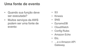 Uma fonte de evento
• Quando sua função deve
ser executada?
• Muitos serviços da AWS
podem ser uma fonte de
evento:
• S3
• Kinesis
• SNS
• DynamoDB
• CloudWatch
• Config Rules
• Amazon Echo
• Etc.
• …e o Amazon API
Gateway
 
