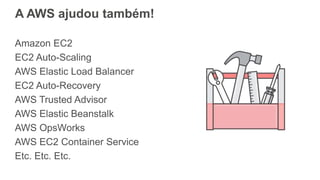 A AWS ajudou também!
Amazon EC2
EC2 Auto-Scaling
AWS Elastic Load Balancer
EC2 Auto-Recovery
AWS Trusted Advisor
AWS Elastic Beanstalk
AWS OpsWorks
AWS EC2 Container Service
Etc. Etc. Etc.
 