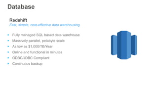 Database
Redshift
Fast, simple, cost-effective data warehousing
 Fully managed SQL based data warehouse
 Massively paral...