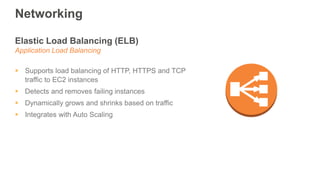 Networking
Elastic Load Balancing (ELB)
Application Load Balancing
 Supports load balancing of HTTP, HTTPS and TCP
traffi...
