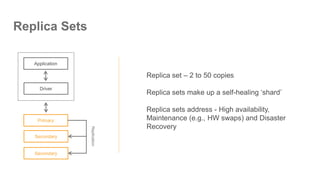 Replica Sets
Replica set – 2 to 50 copies
Replica sets make up a self-healing ‘shard’
Replica sets address - High availabi...