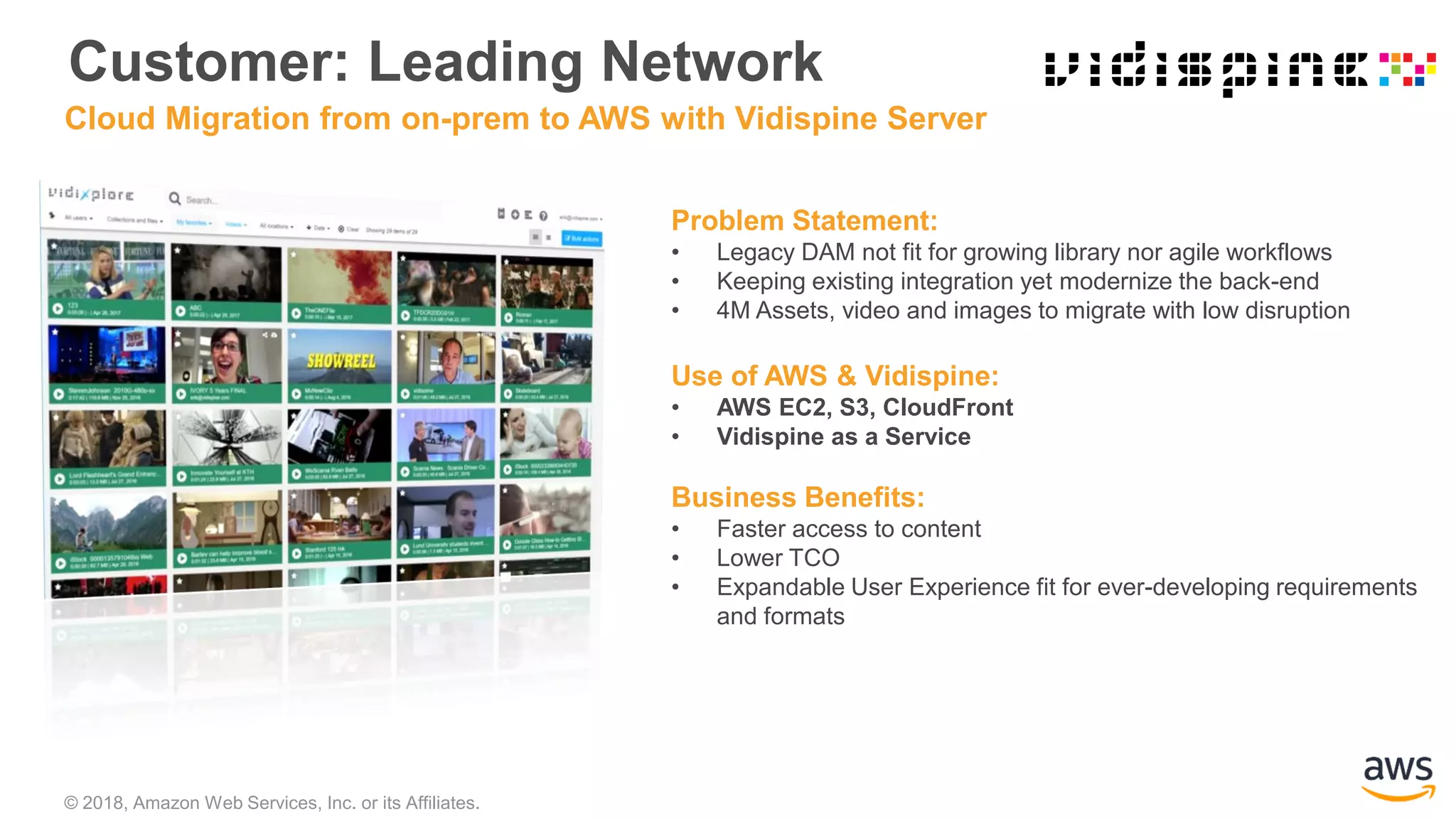 © 2018, Amazon Web Services, Inc. or its Affiliates.
Customer: Leading Network
Problem Statement:
• Legacy DAM not fit for growing library nor agile workflows
• Keeping existing integration yet modernize the back-end
• 4M Assets, video and images to migrate with low disruption
Use of AWS & Vidispine:
• AWS EC2, S3, CloudFront
• Vidispine as a Service
Business Benefits:
• Faster access to content
• Lower TCO
• Expandable User Experience fit for ever-developing requirements
and formats
Cloud Migration from on-prem to AWS with Vidispine Server
 