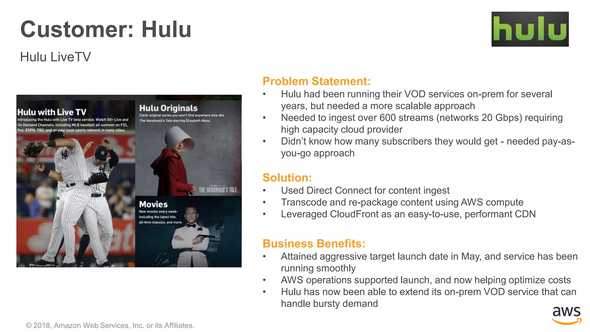 © 2018, Amazon Web Services, Inc. or its Affiliates.
Problem Statement:
• Hulu had been running their VOD services on-prem for several
years, but needed a more scalable approach
• Needed to ingest over 600 streams (networks 20 Gbps) requiring
high capacity cloud provider
• Didn’t know how many subscribers they would get - needed pay-as-
you-go approach
Solution:
• Used Direct Connect for content ingest
• Transcode and re-package content using AWS compute
• Leveraged CloudFront as an easy-to-use, performant CDN
Business Benefits:
• Attained aggressive target launch date in May, and service has been
running smoothly
• AWS operations supported launch, and now helping optimize costs
• Hulu has now been able to extend its on-prem VOD service that can
handle bursty demand
Customer: Hulu
Hulu LiveTV
 