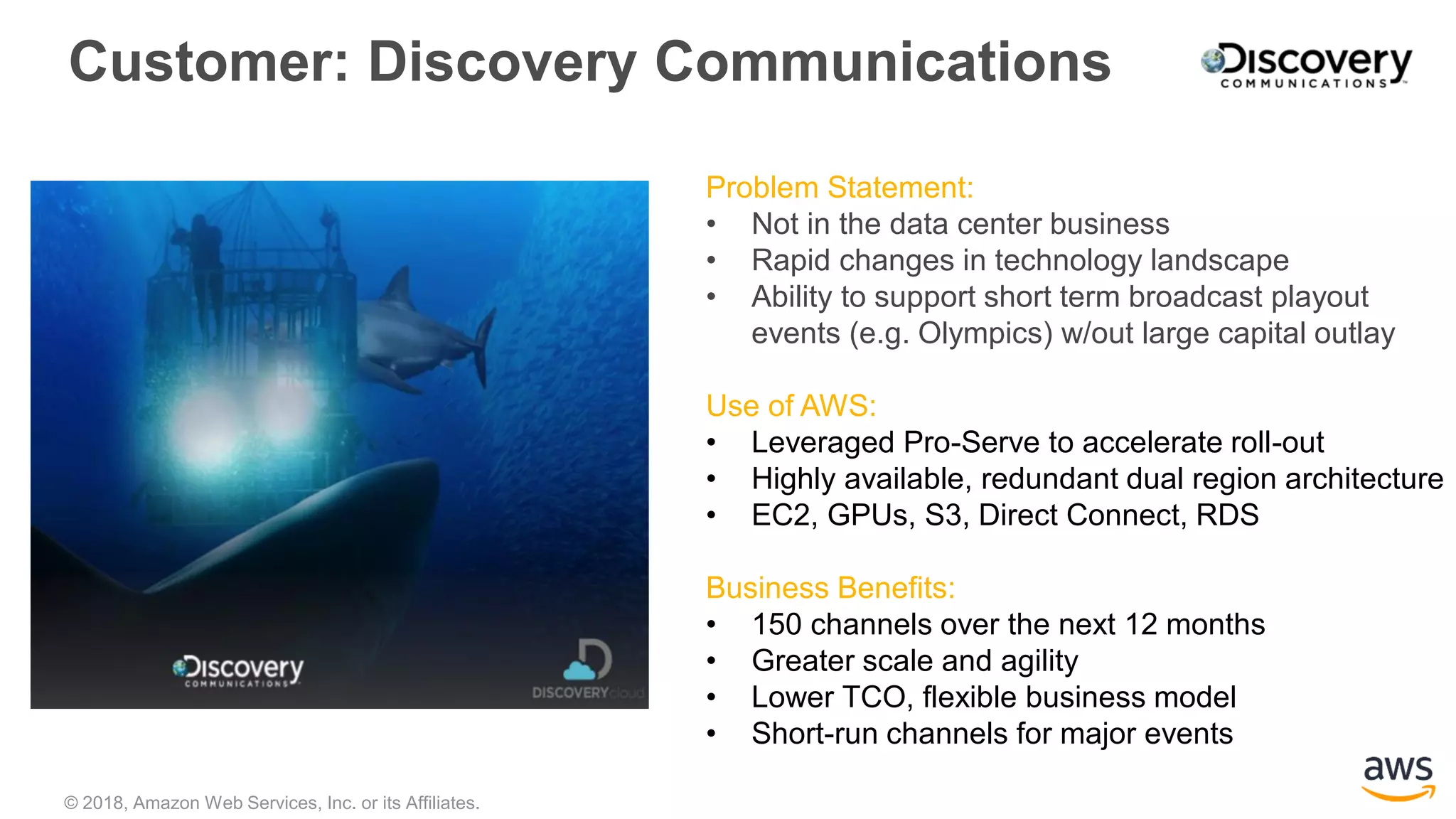 © 2018, Amazon Web Services, Inc. or its Affiliates.
Problem Statement:
• Not in the data center business
• Rapid changes in technology landscape
• Ability to support short term broadcast playout
events (e.g. Olympics) w/out large capital outlay
Use of AWS:
• Leveraged Pro-Serve to accelerate roll-out
• Highly available, redundant dual region architecture
• EC2, GPUs, S3, Direct Connect, RDS
Business Benefits:
• 150 channels over the next 12 months
• Greater scale and agility
• Lower TCO, flexible business model
• Short-run channels for major events
Customer: Discovery Communications
 