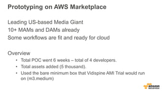 Prototyping on AWS Marketplace
Leading US-based Media Giant
10+ MAMs and DAMs already
Some workflows are fit and ready for...