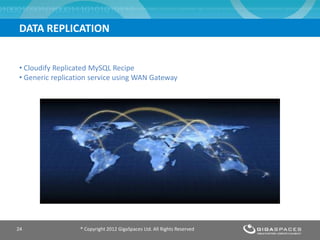 DATA REPLICATION


• Cloudify Replicated MySQL Recipe
• Generic replication service using WAN Gateway




24                ® Copyright 2012 GigaSpaces Ltd. All Rights Reserved
 
