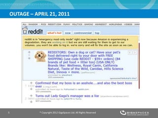 OUTAGE – APRIL 21, 2011




5          ® Copyright 2012 GigaSpaces Ltd. All Rights Reserved
 