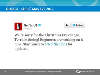 OUTAGE - CHRISTMAS EVE 2012




8         ® Copyright 2012 GigaSpaces Ltd. All Rights Reserved
 