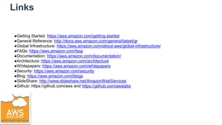 Links
●Getting Started: https://aws.amazon.com/getting-started
●General Reference: http://docs.aws.amazon.com/general/latest/gr
●Global Infrastructure: https://aws.amazon.com/about-aws/global-infrastructure/
●FAQs: https://aws.amazon.com/faqs
●Documentation: https://aws.amazon.com/documentation/
●Architecture: https://aws.amazon.com/architecture
●Whitepapers: https://aws.amazon.com/whitepapers
●Security: https://aws.amazon.com/security
●Blog: https://aws.amazon.com/blogs
●SlideShare: http://www.slideshare.net/AmazonWebServices
●Github: https://github.com/aws and https://github.com/awslabs
 