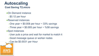 Autoscaling
●On Demand instance
○$0.12 per hour
●Reserved instances
○One year = $0.008 per hour ~ 33% savings
○Three year = $0.005 per hour ~ %58 savings
●Spot instances
○User puts a price and wait for market to match it
○Good message queue or worker nodes
○Can be $0.0031 per Hour
Cost Saving T2.micro
 