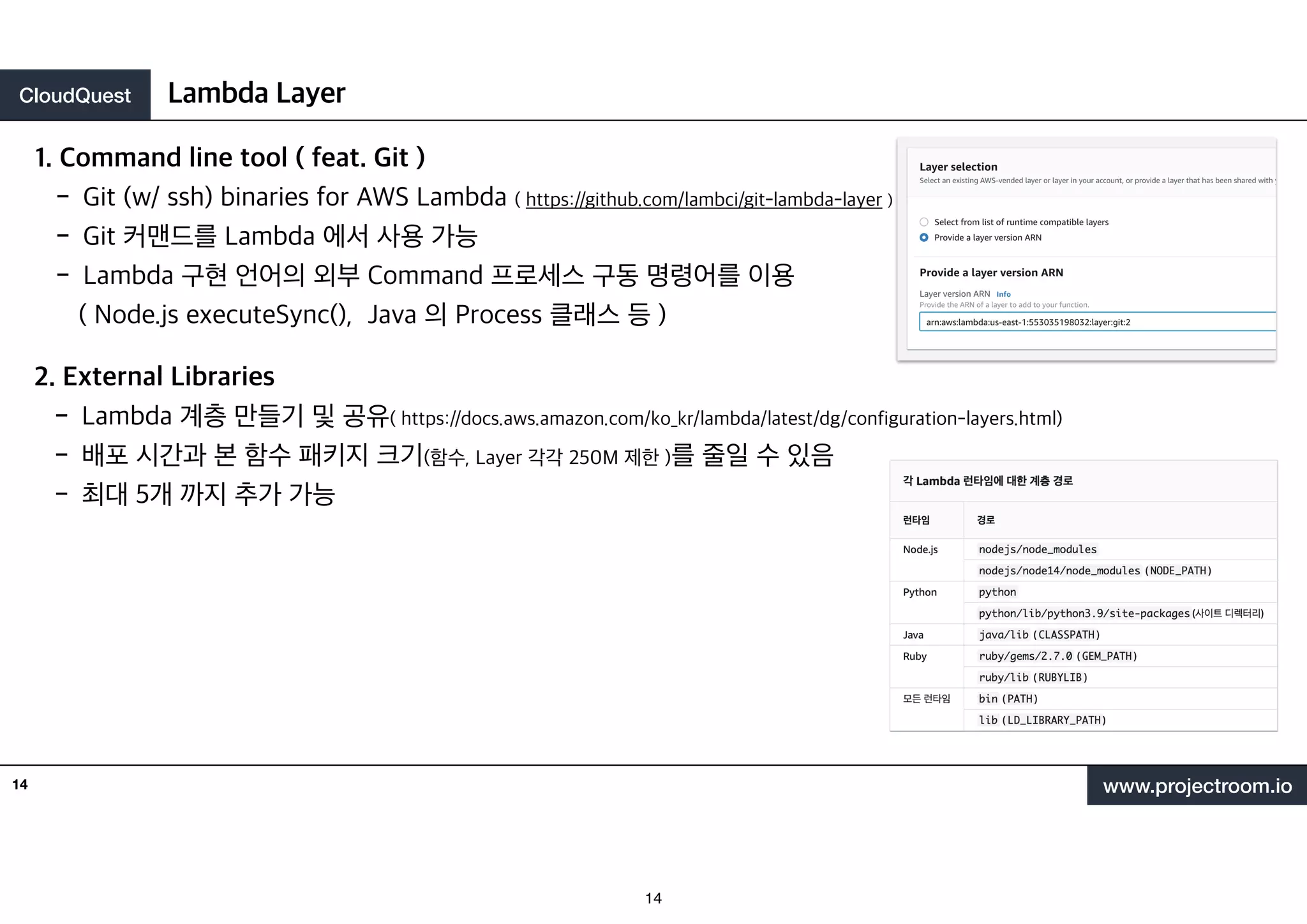 CloudQuest
www.projectroom.io
1. Command line tool ( feat. Git )
- Git (w/ ssh) binaries for AWS Lambda ( https://github.com/lambci/git-lambda-layer )
- Git 커맨드를 Lambda 에서 사용 가능
- Lambda 구현 언어의 외부 Command 프로세스 구동 명령어를 이용
( Node.js executeSync(), Java 의 Process 클래스 등 )
Lambda Layer
14
2. External Libraries
- Lambda 계층 만들기 및 공유( https://docs.aws.amazon.com/ko_kr/lambda/latest/dg/configuration-layers.html)
- 배포 시간과 본 함수 패키지 크기(함수, Layer 각각 250M 제한 )를 줄일 수 있음
- 최대 5개 까지 추가 가능
14
 