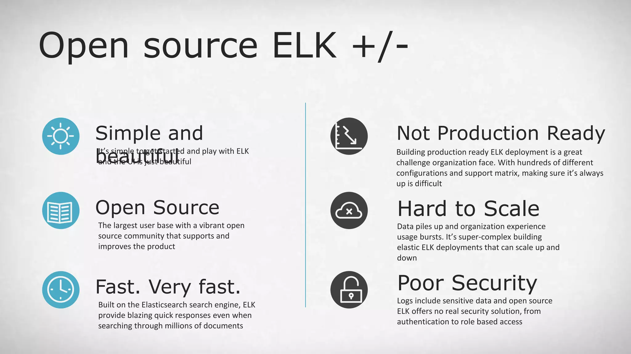 Open source ELK +/- Simple and beautifulIt’s simple to get started and play with ELK and the UI is just beautiful Open Source The largest user base with a vibrant open source community that supports and improves the product Fast. Very fast. Built on the Elasticsearch search engine, ELK provide blazing quick responses even when searching through millions of documents Hard to Scale Data piles up and organization experience usage bursts. It’s super-complex building elastic ELK deployments that can scale up and down Poor Security Logs include sensitive data and open source ELK offers no real security solution, from authentication to role based access Not Production Ready Building production ready ELK deployment is a great challenge organization face. With hundreds of different configurations and support matrix, making sure it’s always up is difficult 