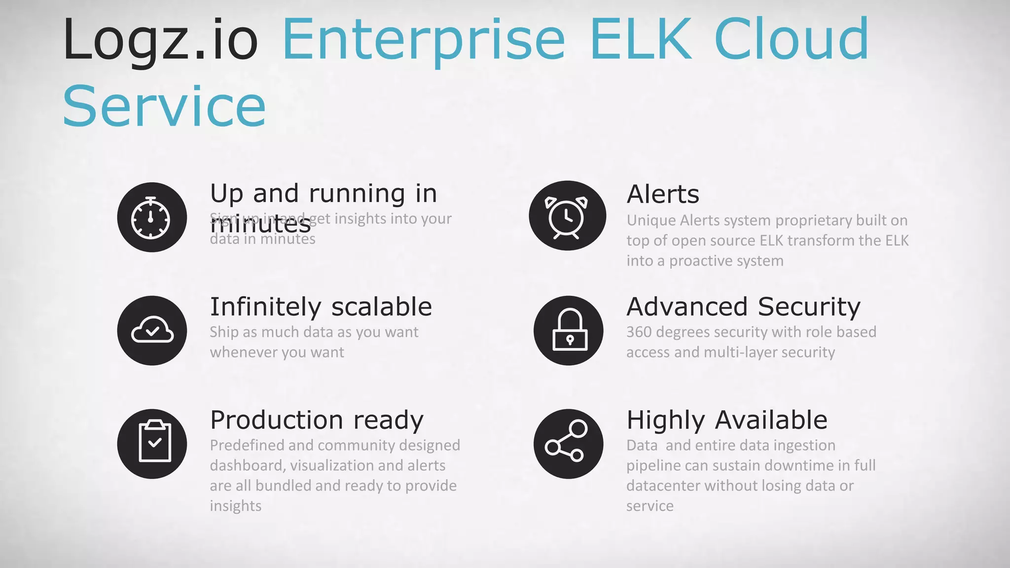 Up and running in minutesSign up in and get insights into your data in minutes Logz.io Enterprise ELK Cloud Service Production ready Predefined and community designed dashboard, visualization and alerts are all bundled and ready to provide insights Infinitely scalable Ship as much data as you want whenever you want Alerts Unique Alerts system proprietary built on top of open source ELK transform the ELK into a proactive system Highly Available Data and entire data ingestion pipeline can sustain downtime in full datacenter without losing data or service Advanced Security 360 degrees security with role based access and multi-layer security 