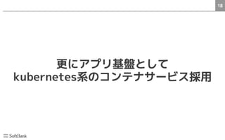 18
更にアプリ基盤として
kubernetes系のコンテナサービス採用
 