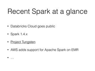 Recent Spark at a glance
• Databricks Cloud goes public
• Spark 1.4.x
• Project Tungsten
• AWS adds support for Apache Spa...