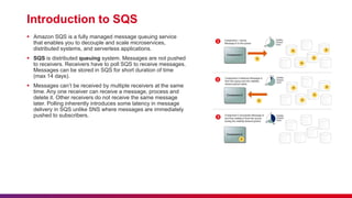 Introduction to SQS
 Amazon SQS is a fully managed message queuing service
that enables you to decouple and scale microservices,
distributed systems, and serverless applications.
 SQS is distributed queuing system. Messages are not pushed
to receivers. Receivers have to poll SQS to receive messages.
Messages can be stored in SQS for short duration of time
(max 14 days).
 Messages can’t be received by multiple receivers at the same
time. Any one receiver can receive a message, process and
delete it. Other receivers do not receive the same message
later. Polling inherently introduces some latency in message
delivery in SQS unlike SNS where messages are immediately
pushed to subscribers.
 