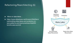 Refactoring/Rearchitecting (6)
 More on data-lakes…
 https://www.slideshare.net/AmazonWebServi
ces/building-data-lakes-and-analytics-on-
aws-patterns-and-best-practices-bda305-
toronto-aws-summit
 