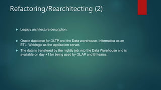 Refactoring/Rearchitecting (2)
 Legacy architecture description:
 Oracle database for OLTP and the Data warehouse, Informatica as an
ETL, Weblogic as the application server.
 The data is transfered by the nightly job into the Data Warehouse and is
available on day +1 for being used by OLAP and BI teams.
 