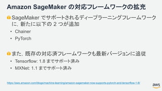 Amazon SageMaker の対応フレームワークの拡充
SageMaker でサポートされるディープラーニングフレームワーク
に，新たに以下の 2 つが追加
• Chainer
• PyTorch
また，既存の対応済フレームワークも最新バージョンに追従
• Tensorflow: 1.8 までサポート済み
• MXNet: 1.1 までサポート済み
https://aws.amazon.com/blogs/machine-learning/amazon-sagemaker-now-supports-pytorch-and-tensorflow-1-8/
 