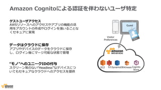 Amazon  Cognitoによる認証を伴わないユーザ特定
“モノ”へのユニークIDの付与
スクリーン等のない“Headless”なデバイスにつ
いてもセキュアなクラウドへのアクセスを提供
データはクラウドに保存
アプリやデバイスのデータをクラウドに保存
し、ログイン後にマージ可能な状態で管理理
ゲストユーザアクセス
AWSリソースへのアクセスやアプリの機能の活
⽤用をアカウントの作成やログインを強いることな
くセキュアに実現
Visitor
Preferences
Cognito  
Store
Guest
EC2 S3 DynamoDB Kinesis
 