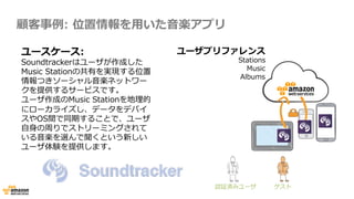 顧客事例例:  位置情報を⽤用いた⾳音楽アプリ
ユースケース:  
Soundtrackerはユーザが作成した
Music  Stationの共有を実現する位置
情報つきソーシャル⾳音楽ネットワー
クを提供するサービスです。
ユーザ作成のMusic  Stationを地理理的
にローカライズし、データをデバイ
スやOS間で同期することで、ユーザ
⾃自⾝身の周りでストリーミングされて
いる⾳音楽を選んで聞くという新しい
ユーザ体験を提供します。
ユーザプリファレンス
Stations
Music
Albums
認証済みユーザ ゲスト
 