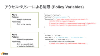 アクセスポリシーによる制限 (Policy Variables)
Allow
Actions:
All sync operations
Resource:
Only to that identity
{!
"Effect": "Allow”,!
"Action": ["s3:GetObject”,"s3:PutObject”],!
"Resource": ["arn:aws:s3:::!
!myBucket/amazon/snakegame/!
!${cognito-identity.amazonaws.com:sub}"]!
}!
{!
"Effect":"Allow",!
"Action":"cognito-sync:*", !
"Resource":["arn:aws:cognito-sync:us-east-1:
!123456789012:identitypool/!
!${cognito-identity.amazonaws.com:aud}/identity/!
!${cognito-identity.amazonaws.com:sub}/*"] !
}!
Allow
Actions:
S3 Get/Put operations
Resource:
Only to a specific part
of bucket to that identity
 