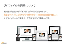 プロファイルの同期について
利用者が複数のデバイス間でデータ同期を取りたい。
異なるデバイス、OSやアプリ間でのデータ同期の実装が難しい。
オフラインモードの実装や、既存アプリとの連携が必要。
 
