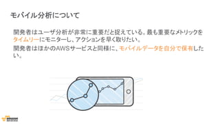 モバイル分析について
開発者はユーザ分析が非常に重要だと捉えている。最も重要なメトリックを
タイムリーにモニターし、アクションを早く取りたい。
開発者はほかのAWSサービスと同様に、モバイルデータを自分で保有した
い。
 