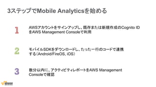 3ステップでMobile Analyticsを始める
AWSアカウントをサインアップし、既存または新規作成のCognito ID
をAWS Management Consoleで利用
数分以内に、アクティビティレポートをAWS Management
Consoleで確認
モバイルSDKをダウンロードし、たった一行のコードで連携
する（Android/FireOS, iOS）
 