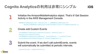 Cognito Analyticsの利用は非常にシンプル
Initialize the AmazonMobileAnalytics object. That’s it! Get Session
Activity in the AWS Management Console.
Submit the event. If we don't call submitEvents, events
will automatically be submitted at periodic intervals.
Create add Custom Events
[eventClient submitEvents];!
id<AWSMobileAnalyticsEventClient> eventClient =
analytics.eventClient;!
id<AWSMobileAnalyticsEvent> level1Event = [eventClient
createEventWithEventType:@"level1Complete"];!
AWSMobileAnalytics* analytics = [AWSMobileAnalytics !
!defaultAWSMobileAnalyticsWithIdentifier:@"someuniqueid"];!
iOS
 