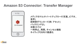 Amazon S3 Connector: Transfer Manager
S3 Connector
メディアのマルチパートアップロード(写真、ビデオ、
音声)
耐障害ダウンロード(例: アセット)
バックエンドなし
自動リトライ
一時停止、再開、キャンセル機能
ネイティブOS向け最適化
 